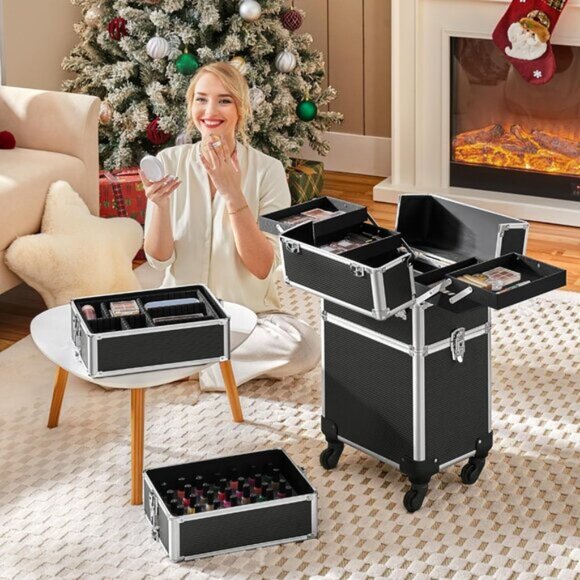 New 5-in-1 Rolling Makeup Train Case, Pro Aluminum Beauty Organizer - Black - Picture 3 of 9